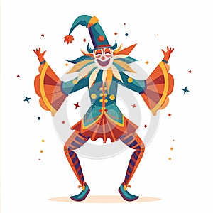 Colorful jester dancing merrily, festive costume, entertainer perform carnival. Vibrant harlequin photo