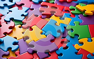 Colorful jigsaw puzzle pieces background, close up