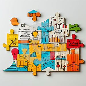 Colorful jigsaw puzzle pieces with business strategy icons on white background