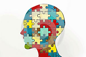 Colorful jigsaw puzzle pieces forming a human head profile on a white background