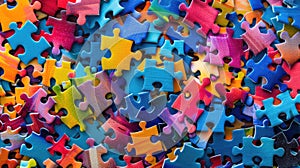 Colorful jigsaw puzzle pieces scattered on a flat surface. Autistic Pride Day