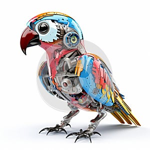 Colorful joyful parrot robot, robotic bird isolated over white background. AI Generated