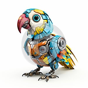 Colorful joyful parrot robot, robotic bird isolated over white background. AI Generated