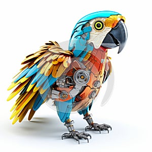 Colorful joyful parrot robot, robotic bird isolated over white background. AI Generated