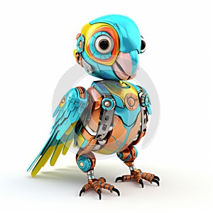 Colorful joyful parrot robot, robotic bird isolated over white background. AI Generated