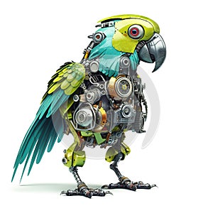 Colorful joyful parrot robot, robotic bird isolated over white background. Created with generative Ai