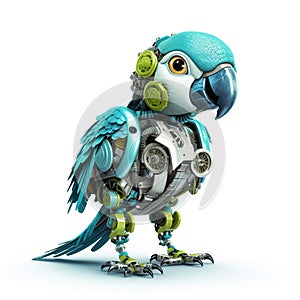 Colorful joyful parrot robot, robotic bird isolated over white background. Created with generative Ai