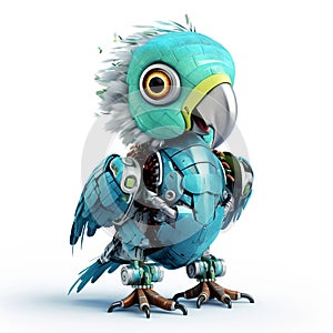 Colorful joyful parrot robot, robotic bird isolated over white background. Created with generative Ai
