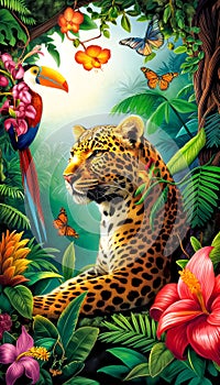 A colorful jungle scene with a leopard, birds and flowers. Concept of peace and tranquility in the midst of nature