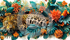 A colorful jungle scene with a leopard laying down. Concept of peace and tranquility in the midst of nature