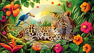 A colorful jungle scene with a leopard laying down. Concept of peace and tranquility in the midst of nature