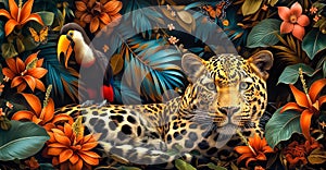 A colorful jungle scene with a leopard laying down. Concept of peace and tranquility in the midst of nature