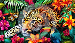 A colorful jungle scene with a leopard laying down. Concept of peace and tranquility in the midst of nature