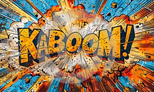 Colorful KABOOM! comic book explosion bubble with sound effect, dynamic lines, and burst elements, representing action