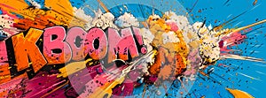 Colorful KABOOM! comic book explosion bubble with sound effect, dynamic lines, and burst elements, representing action