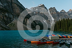 Colorful boats at Moraine Lake, Alberta, Canada