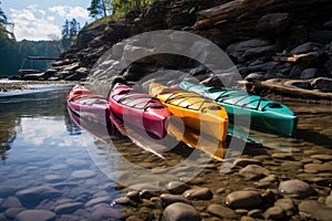 colorful kayaks on rivers sandy shore