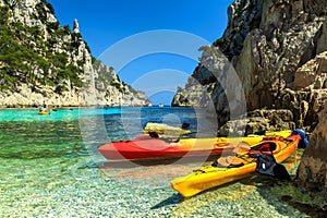 Colorful kayaks in the rocky bay,Cassis,near Marseille,France,Europe