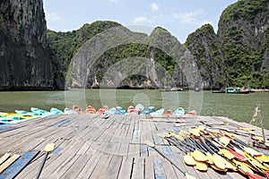 Colorful kayaks on the sea in Ha long bay Vietnam