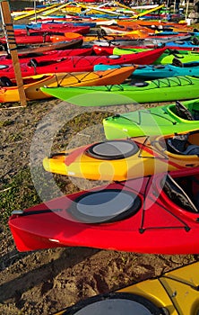 Colorful Kayaks on Shore