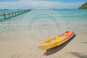 Colorful kayaks on the tropical beach sea. Travel in Phuket Thai