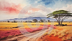 Colorful Kenya Oil Painting Landscape Landscape Wallpaper Illustration Background Watercolor Ink