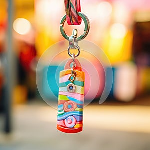 A colorful keychain hanging from a keyring, AI