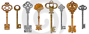 Colorful keys set of different shape ornament and secrecy in vintage style isolated vector illustration