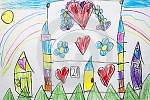 Colorful kid`s drawing of a fantastic medieval castle with heart