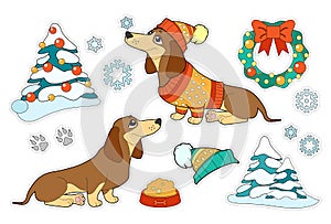 Colorful kids Christmas holiday sticker pack with cheerful dogs, Christmas trees, winter clothes, snowflakes and Christmas wreath