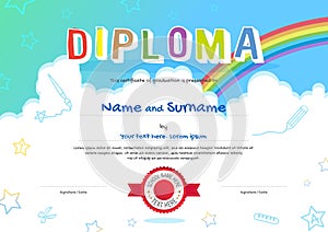 Colorful kids diploma certificate in cartoon style with sky rain