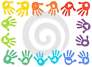 Colorful kids handprint frame vector background