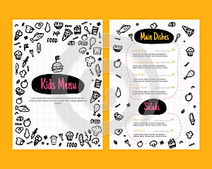 Colorful Kids menu in doodle style. Flyer layout template. Fresh food card with Cute vector illustrations.