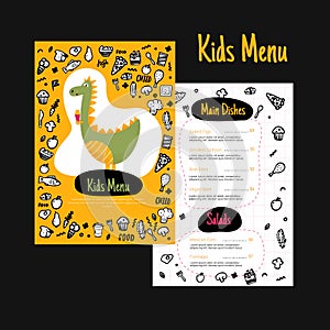 Colorful Kids menu in doodle style. Flyer layout template. Fresh food card with Cute vector illustrations.
