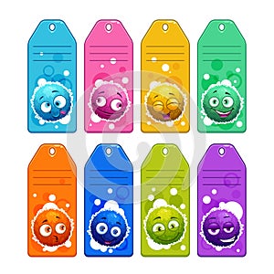 Colorful kids name tags with funny cartoon round fuzzy characters.