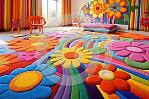 Colorful kids room interior with flower carpet