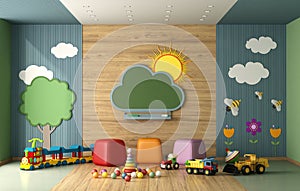 Colorful kindergarten classroom without childs