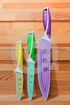 Colorful Kitchen Knives with Different Purposes on Top of a Wooden Cutting Board