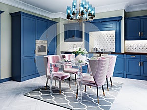 A colorful kitchen in a neoclassic style with blue furniture and green walls, a dining table with soft pink chairs