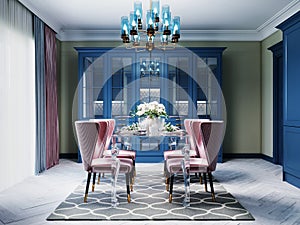 A colorful kitchen in a neoclassic style with blue furniture and green walls, a dining table with soft pink chairs