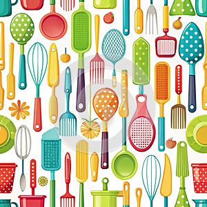 Colorful kitchen utensil pattern, featuring various tools like spoons, whisks, strainers, and spatulas, in a vibrant design photo