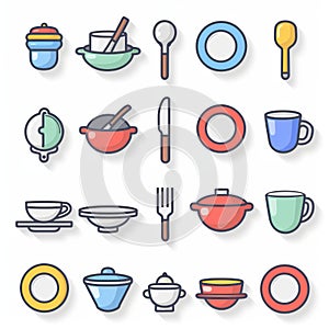 Colorful Kitchen Utensils and Tableware Illustrations on White Background