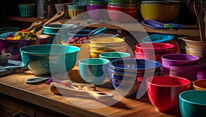 Colorful kitchenware collection on rustic wooden table generated by AI