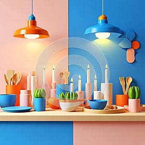 Colorful Kitchenware and Decorative Objects in a Modern Still Life Arrangement