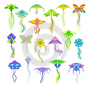 Colorful Kite as Tethered Craft with Wing Surfaces and Tail Big Vector Set