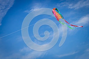 Colorful kite flying against a blue sky
