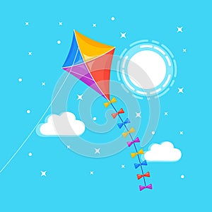 Colorful kite flying in blue sky, sun isolated on background. Summer, spring holiday, toy for child. Vector flat design