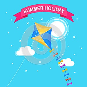 Colorful kite flying in blue sky, sun isolated on background. Summer, spring holiday, toy for child. Vector flat design