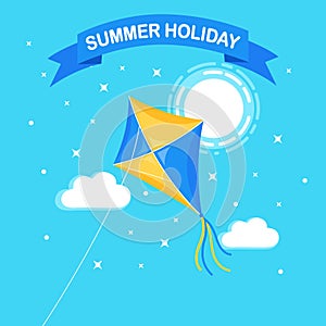 Colorful kite flying in blue sky, sun isolated on background. Summer, spring holiday, toy for child. Vector flat design