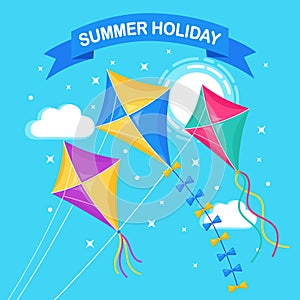 Colorful kite flying in blue sky, sun isolated on background. Summer, spring holiday, toy for child. Vector flat design